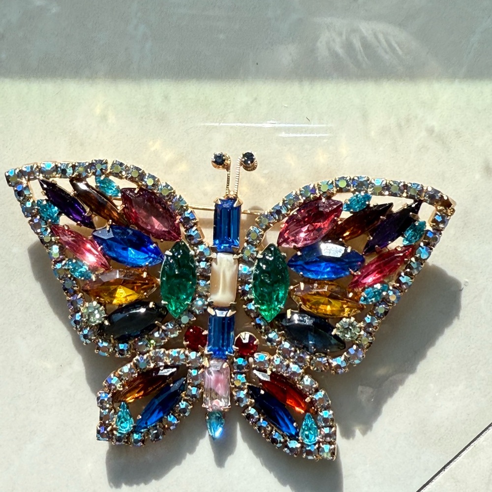 Colorful Butterfly Brooch with Gemstones and Silver Framework